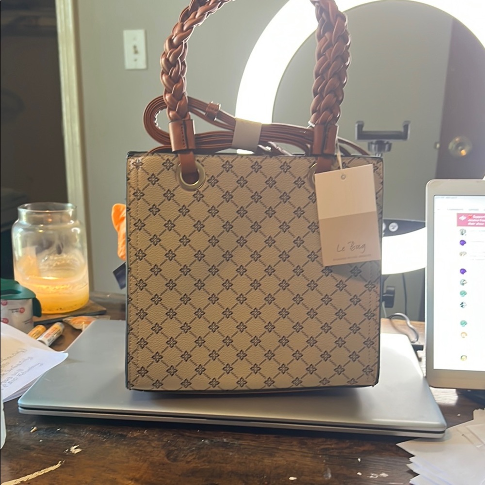Brown and Cream Tote with Braided Handles